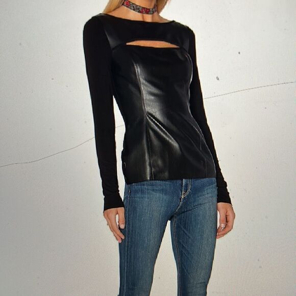 BAILEY/44 FAUX LEATHER LONG SLEEVE “PARKER” TOP W/ CUTOUT FRONT - Picture 6 of 7